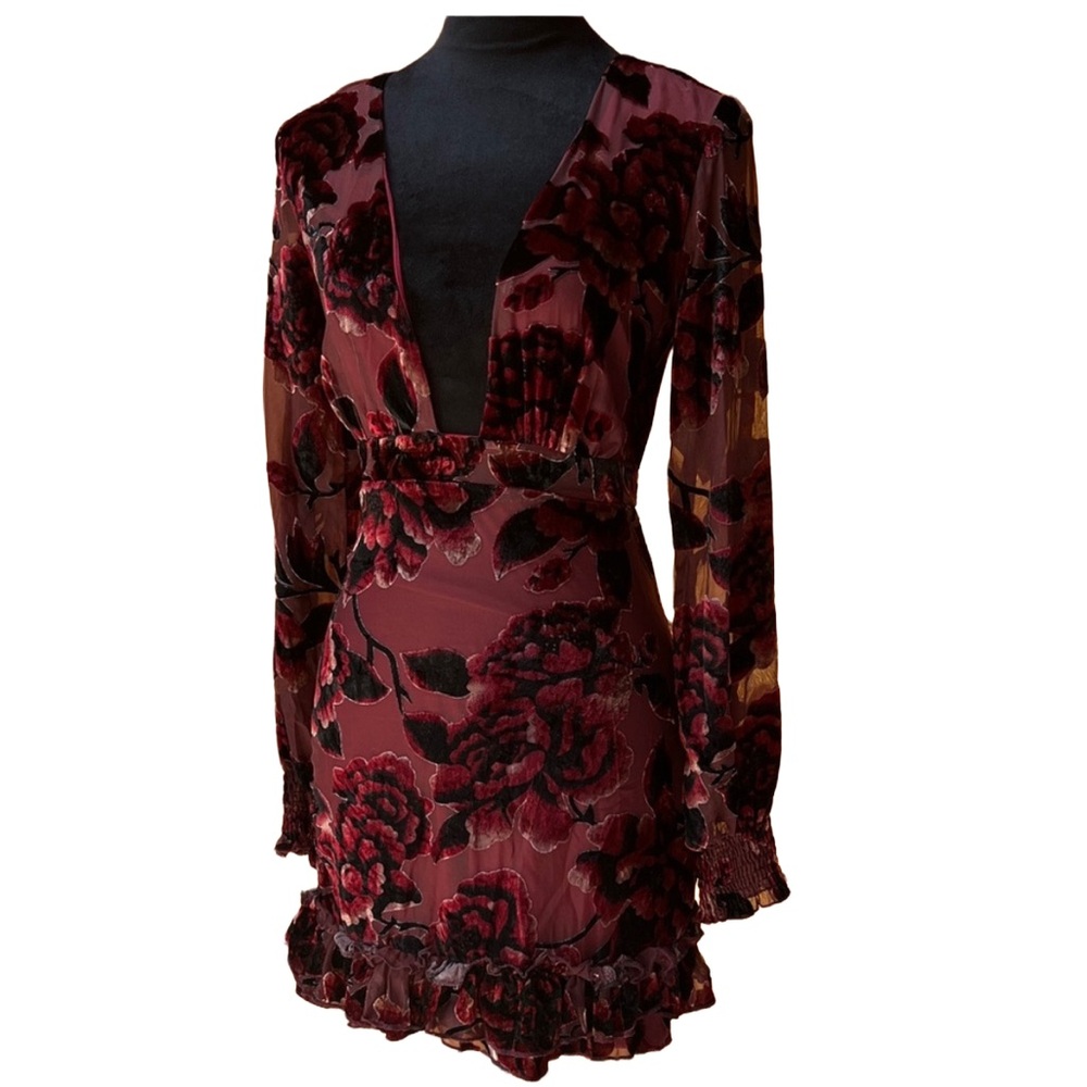 Velvet burn out‎ dress Misguided whimsigoth Floral Burgundy mini romantic frilly